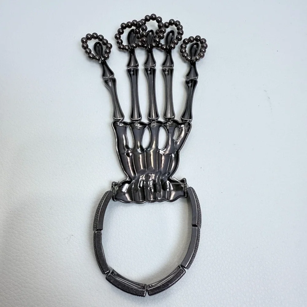 Gothic‎ Skeleton Hand Bracelet w/ Finger Rings Gunmetal Stretch Punk Emo Cosplay